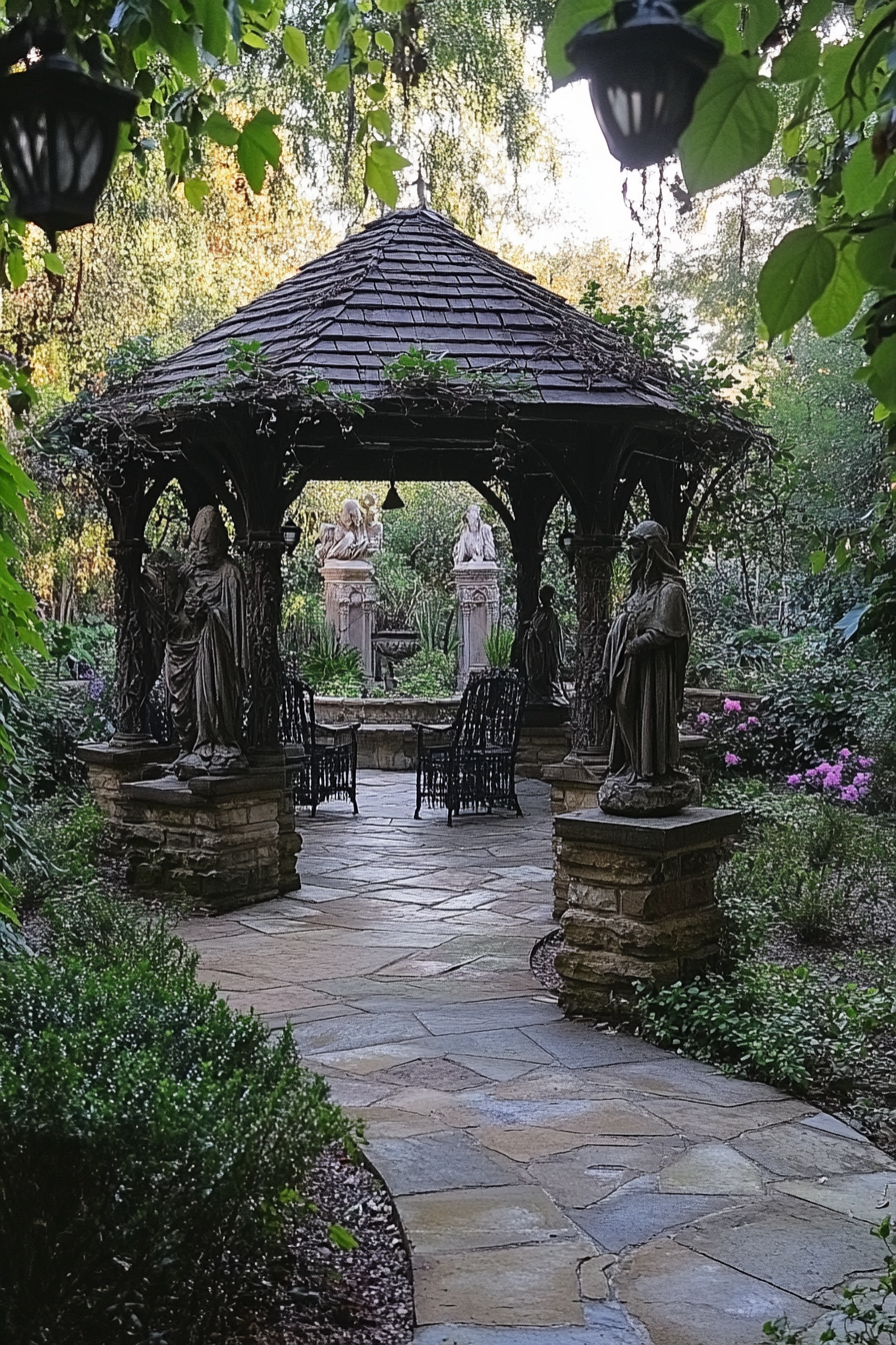 Secluded garden with stone statues, iron gazebo, moonlit path