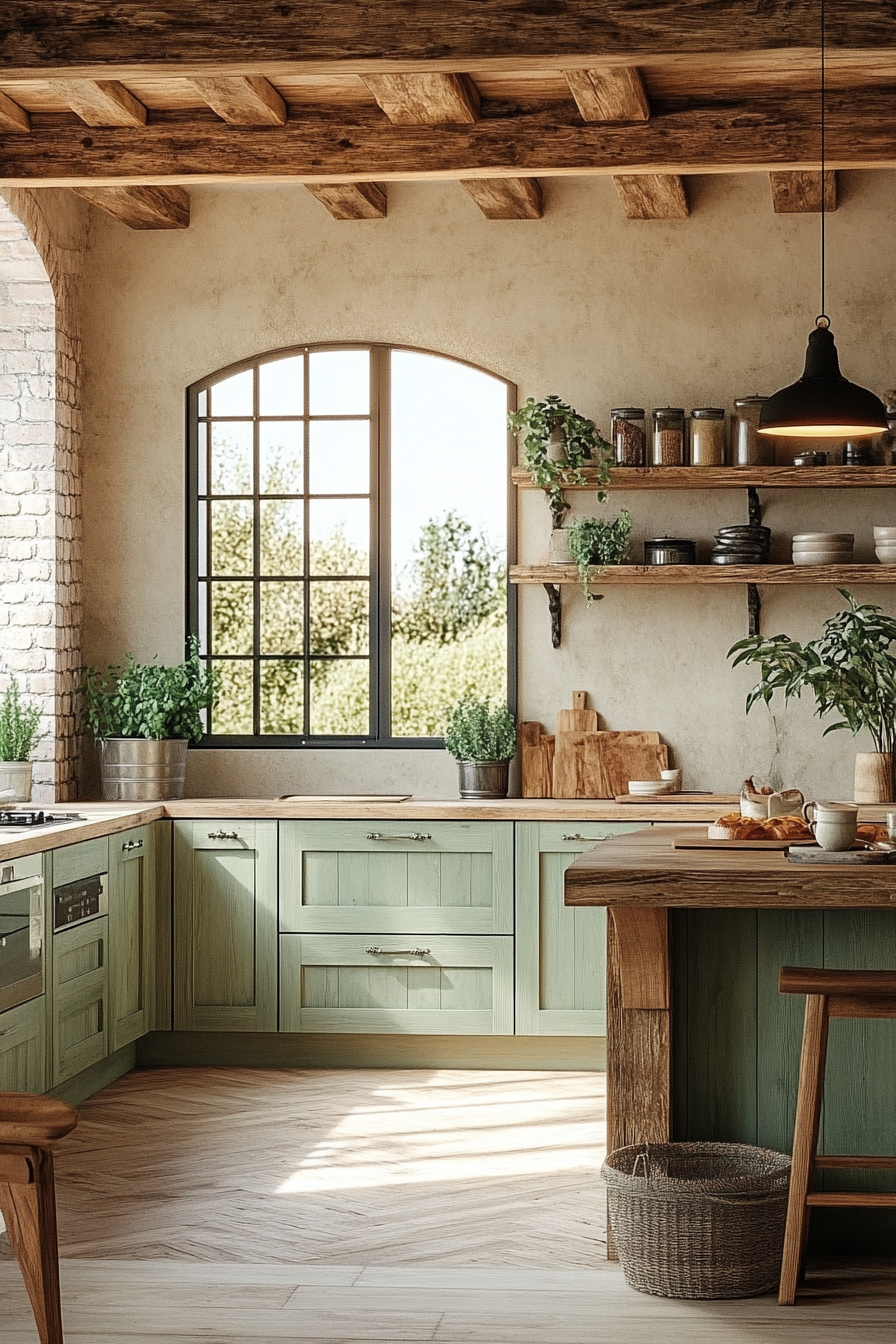 Serene Rustic Modern Kitchen with Green Cabinets & Wood Accents