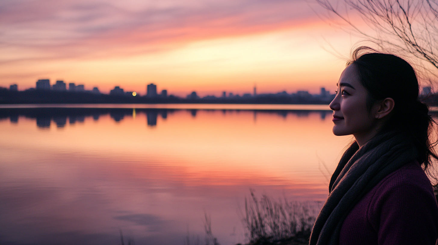 Serene photo of woman by lake at sunset.