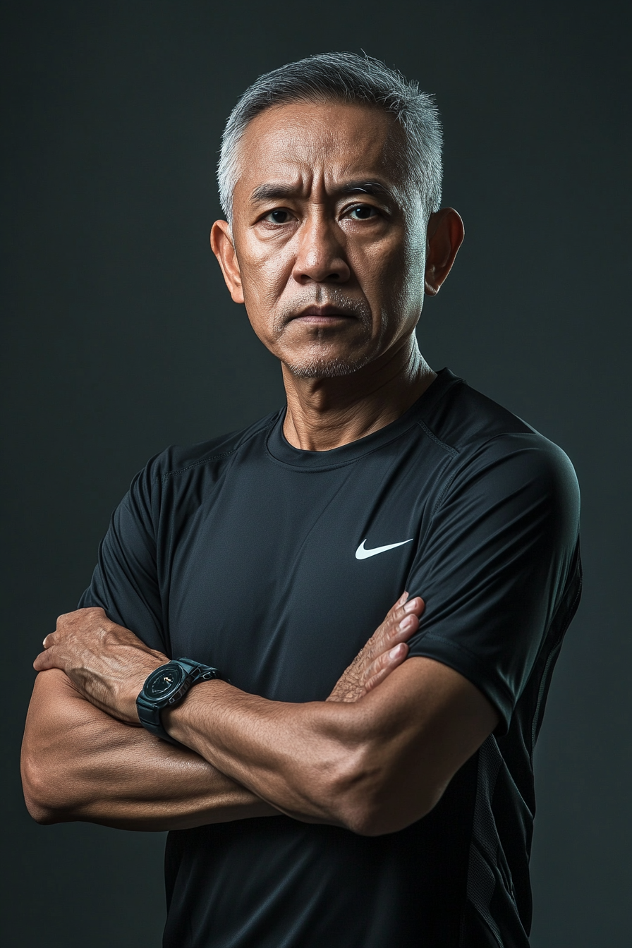 Serious Malay man in Nike shirt, badass pose, determined.