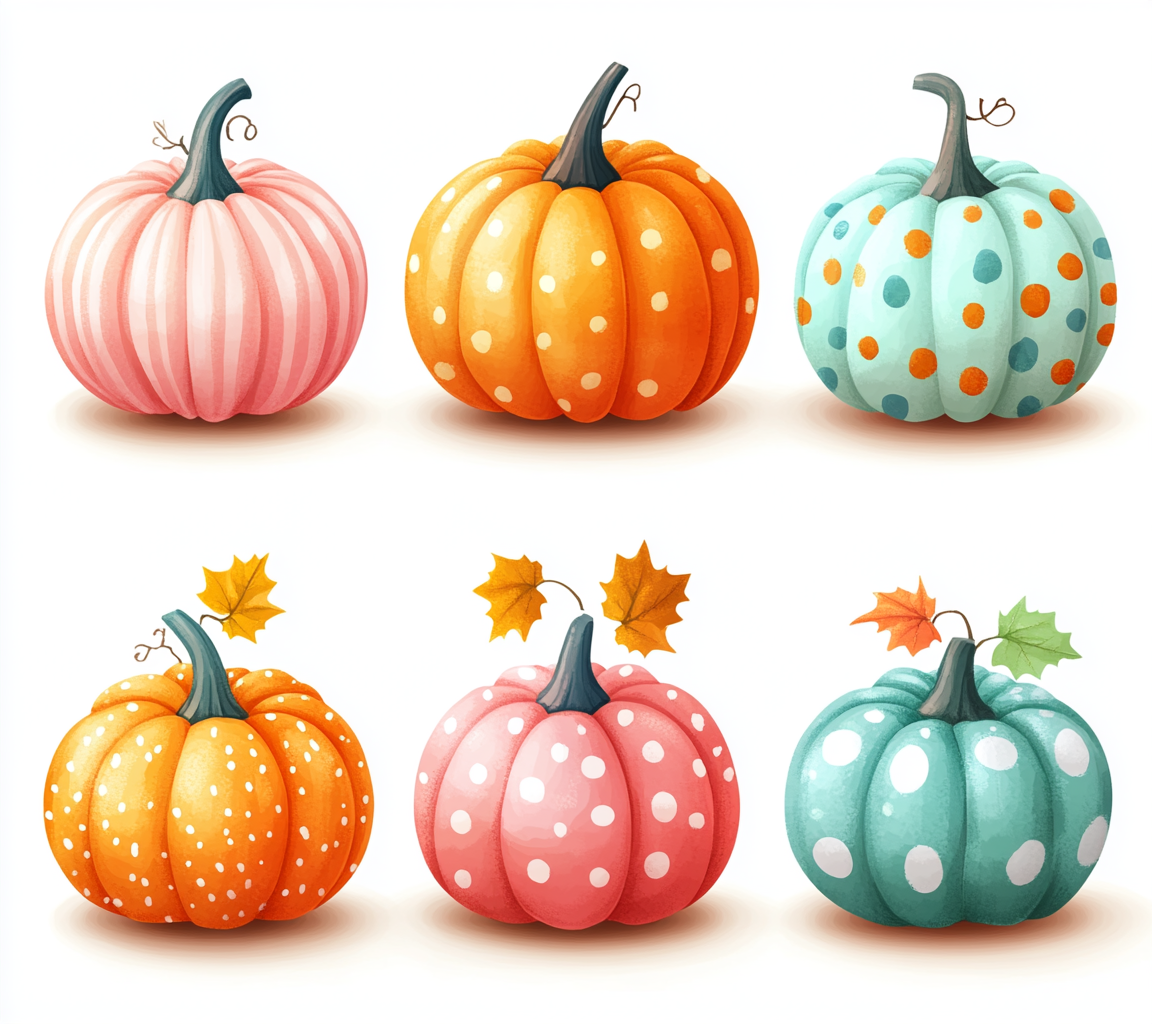 Set of cute hand drawn pumpkins with pastel stripes.