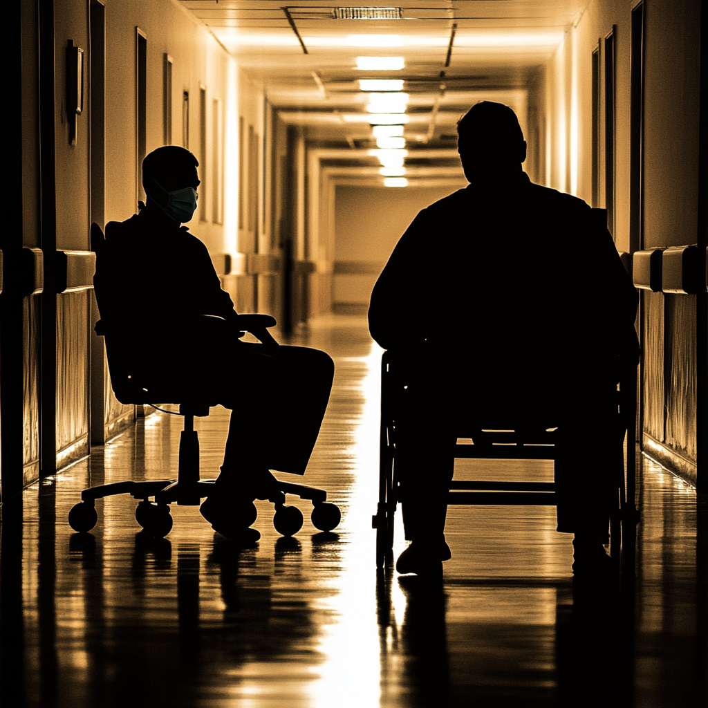 Silhouette man in mask next to man in chair.