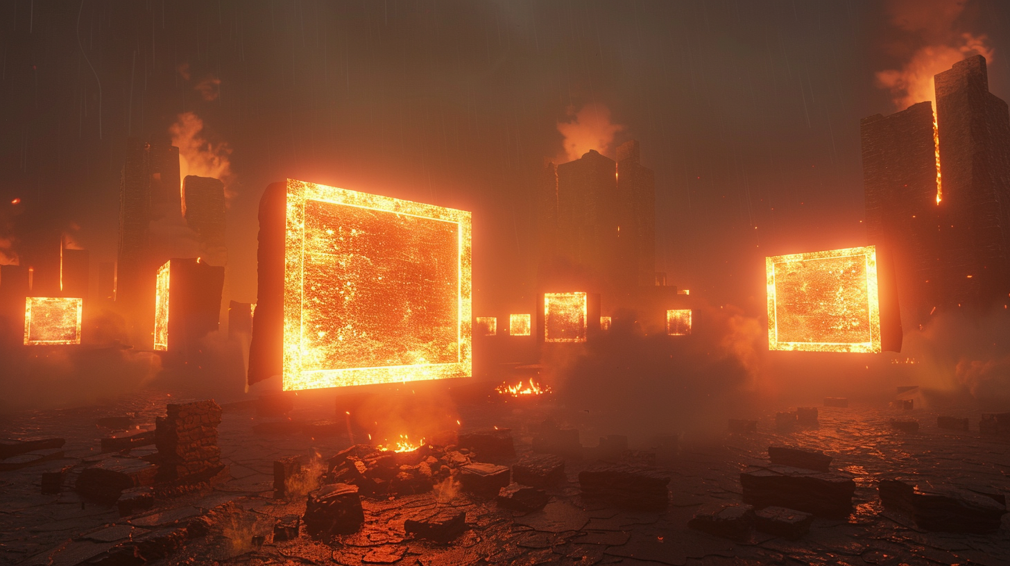 Six floating fiery squares on alien planet with ruins.