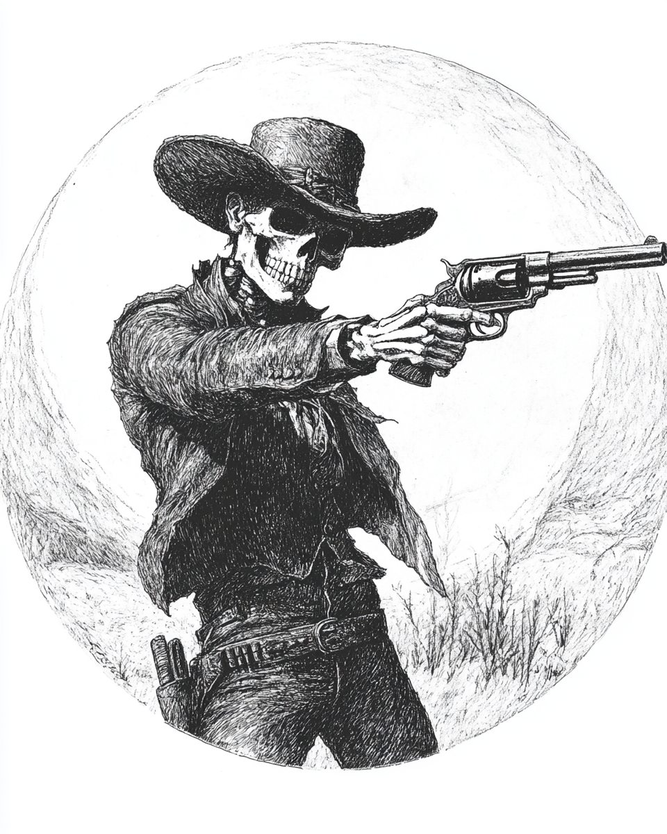 Skeleton gunslinger with gun raised in vintage trading card.