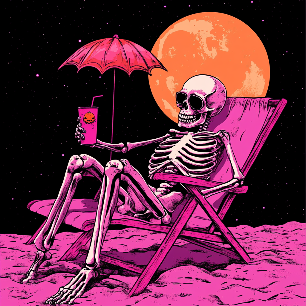 Skeleton relaxing in beach chair with drink under moon.