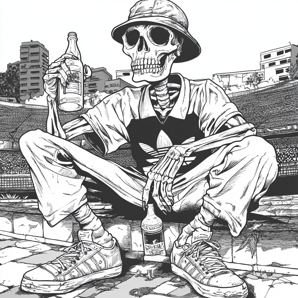 Skeleton with bucket hat and bottle, at football stadium.