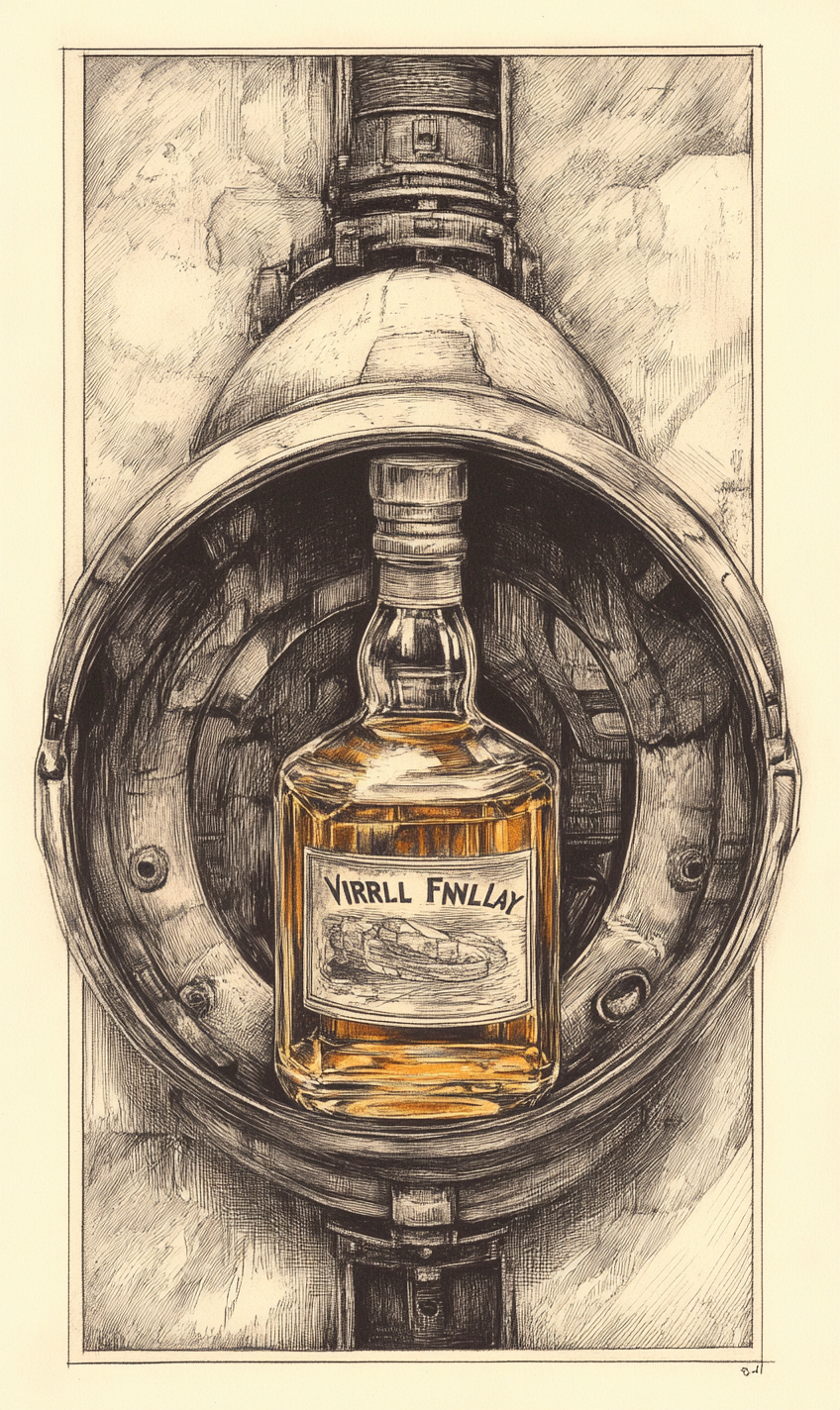 Sketch of whiskey bottle in hardhat, vintage trading card.