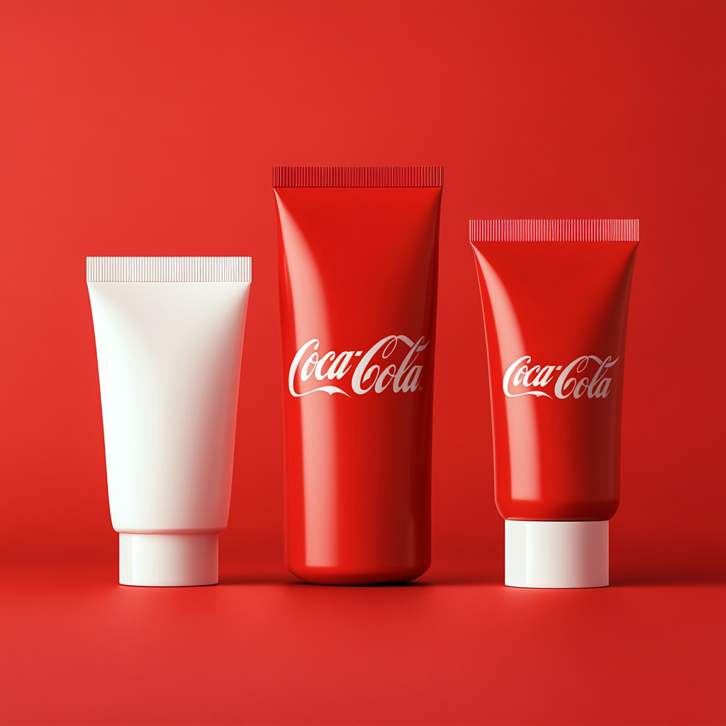 Skincare products with Coca-Cola brand design and colors.