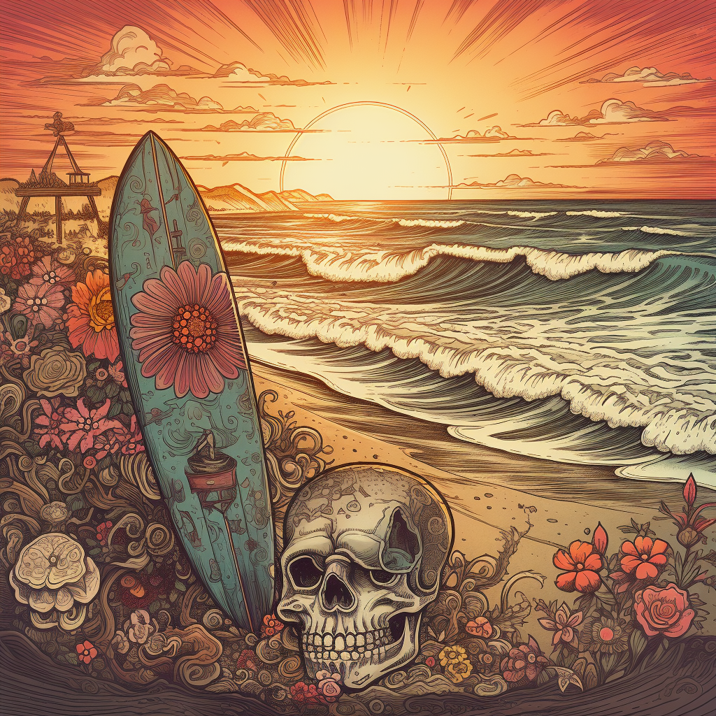 Skull, rose, surfboard, skateboard on colorful beach at sunset.