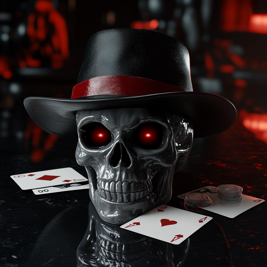 Skull with Fedora hat and red eyes, playing cards