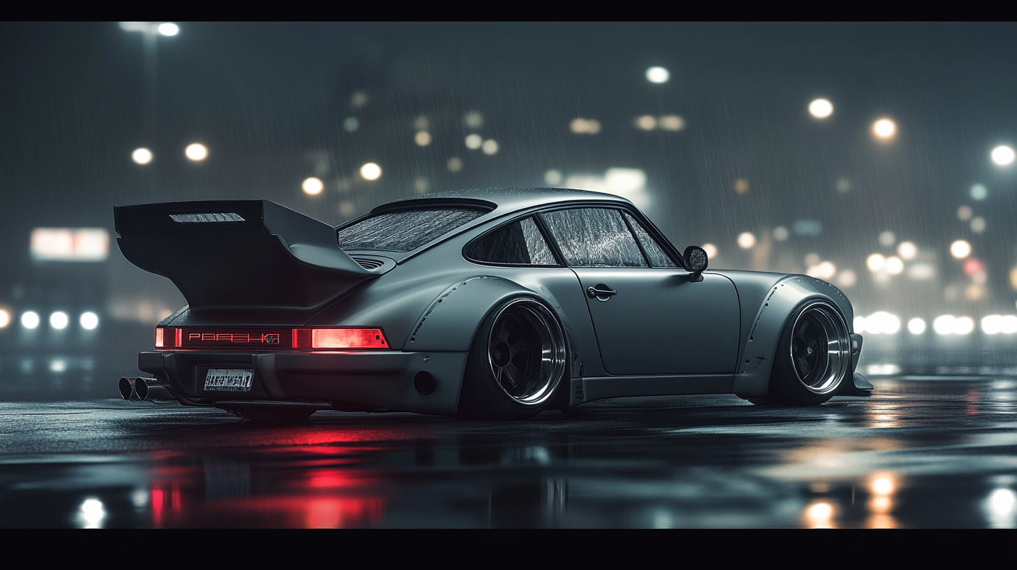 Sleek Porsche 911 on rainy night with wide body.