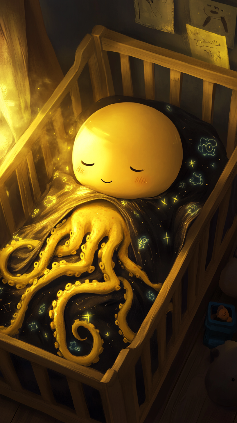 Sleeping Baby Koro-sensei in 'uwu' style, surrounded by plush toys