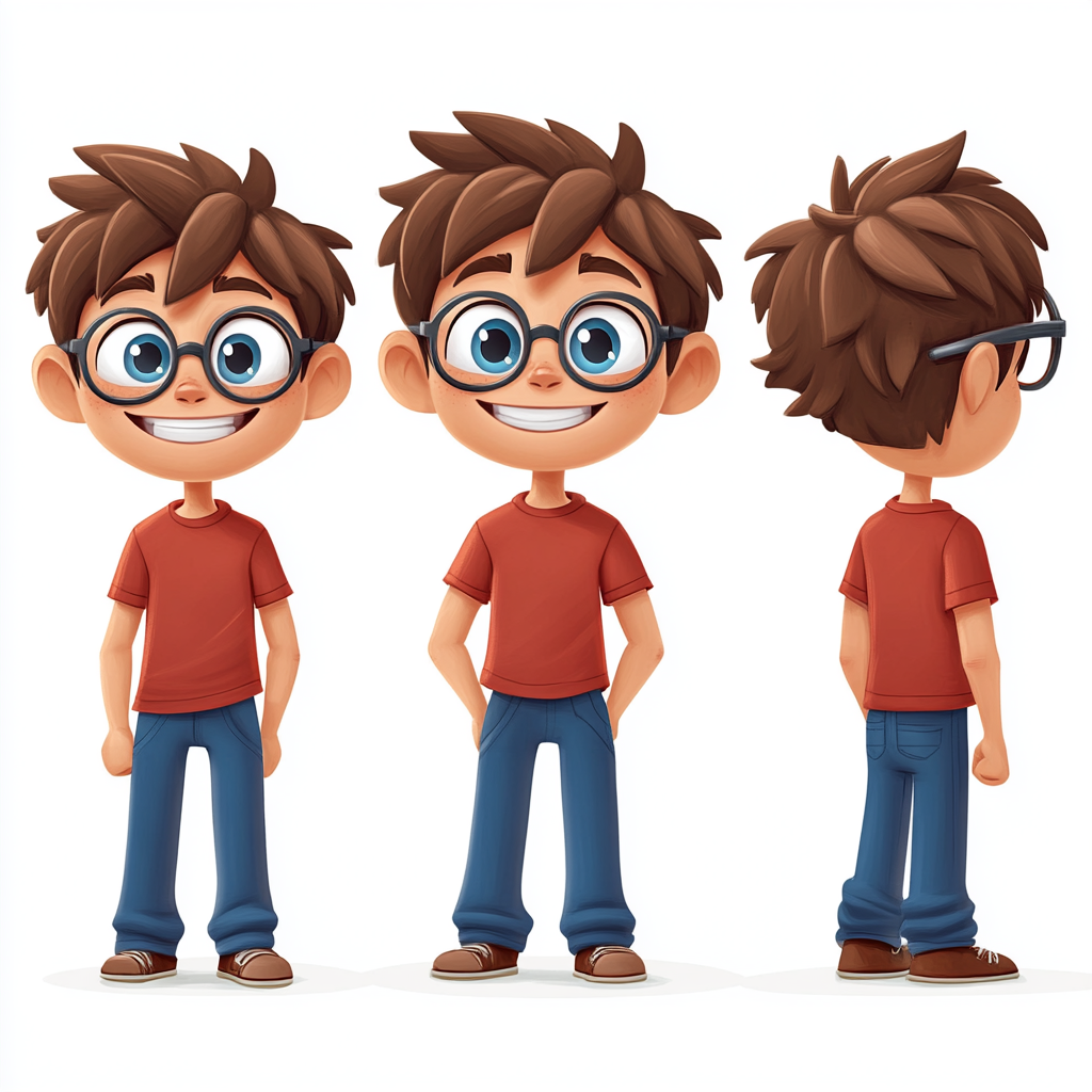 Small cartoon avatar boy in 3 poses: happy, thinking, worried.