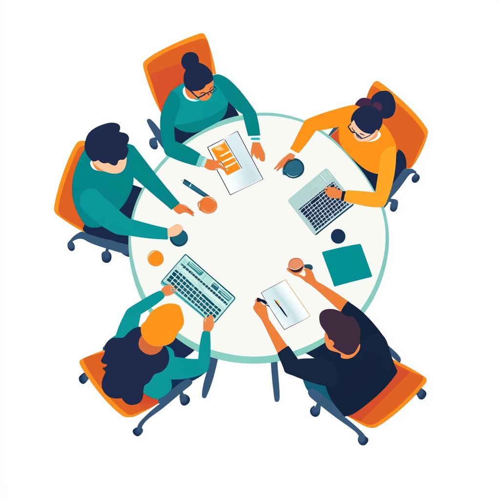 Small team working together around table in cartoon style.