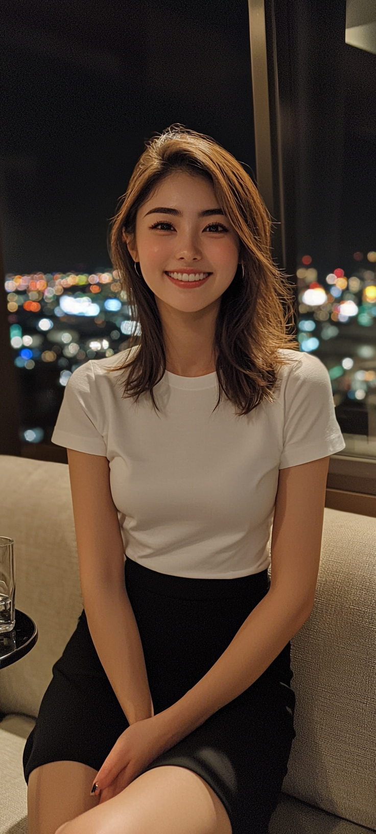 Smiling Japanese TV personality, 26, in stylish outfit.