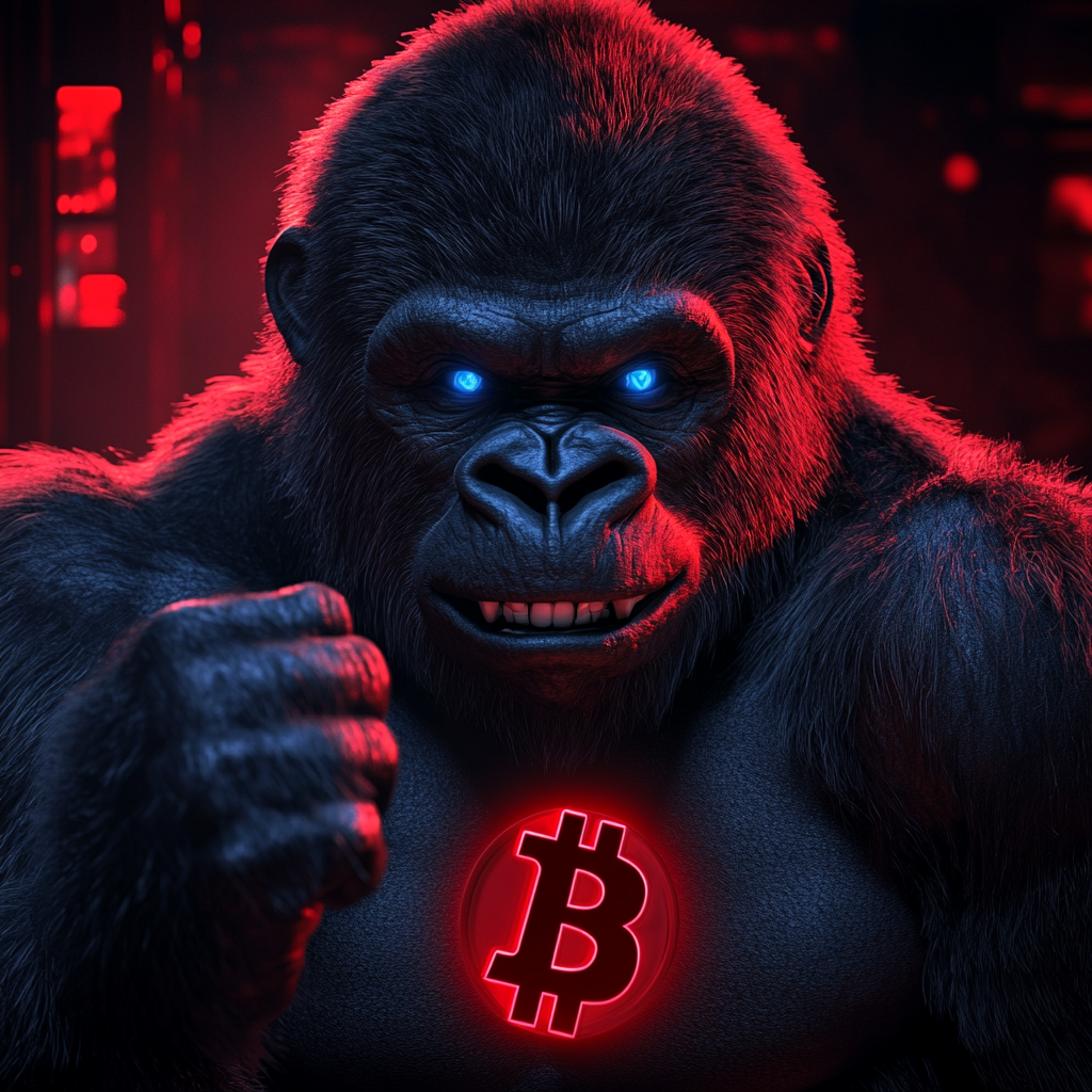 Smiling gorilla with red light, holding 3D bitcoin.