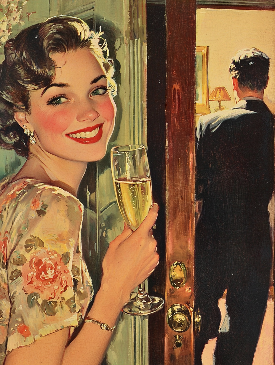 Smiling woman with champagne as man walks out door.