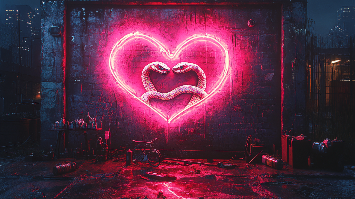 Snake graffiti forming heart shape, neon lights on concrete.