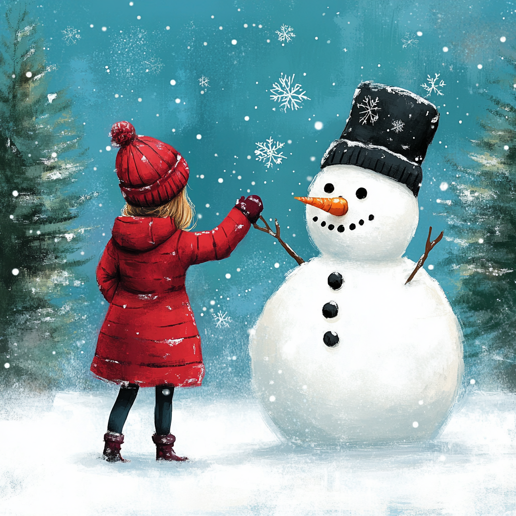 Snowman holding hand of girl in red coat.