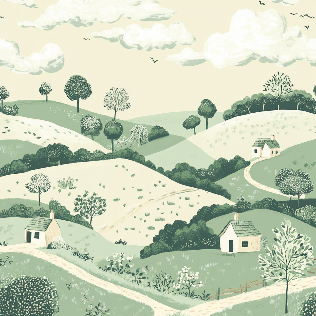 Soft, rolling countryside landscape with quaint houses in pastels.