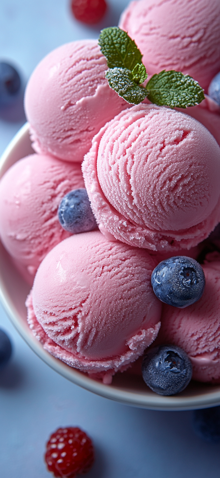 Soft pink-blue ice cream scoops, intricate and refreshing. Canon camera.