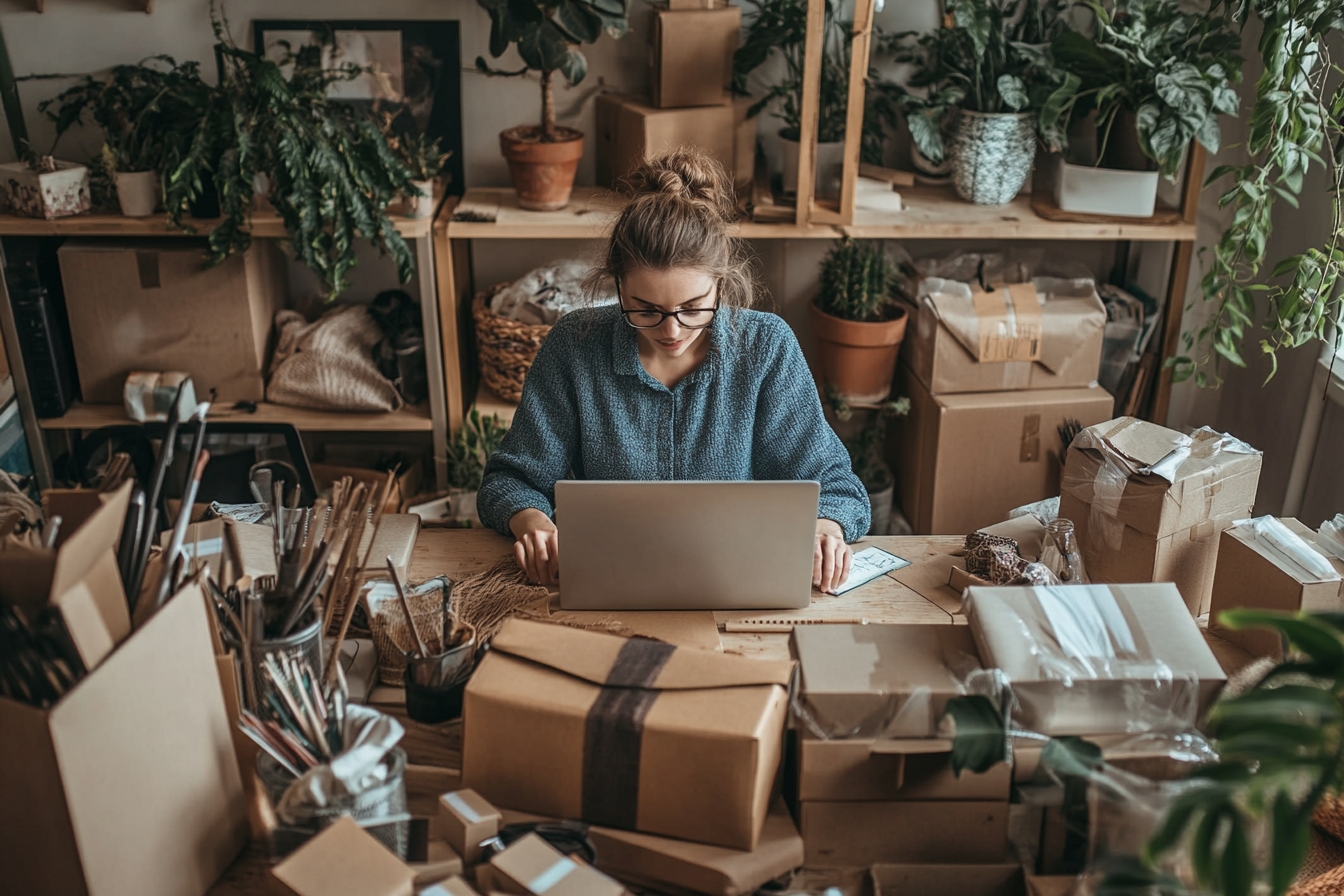 Solo entrepreneur works from home surrounded by supplies.