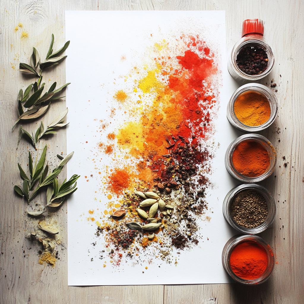 Spices mixed with abstract colors in watercolor effect.