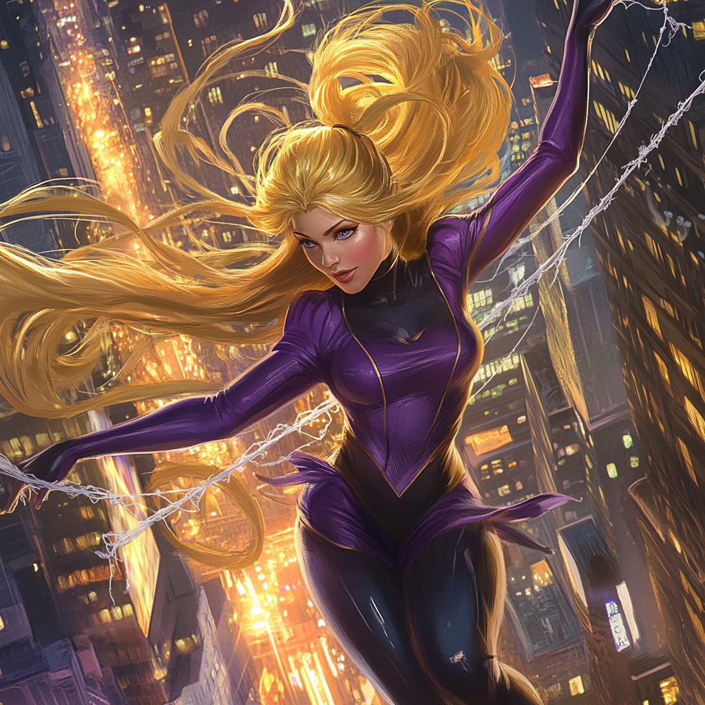 Spider-Woman Rapunzel swinging with golden silky hair.