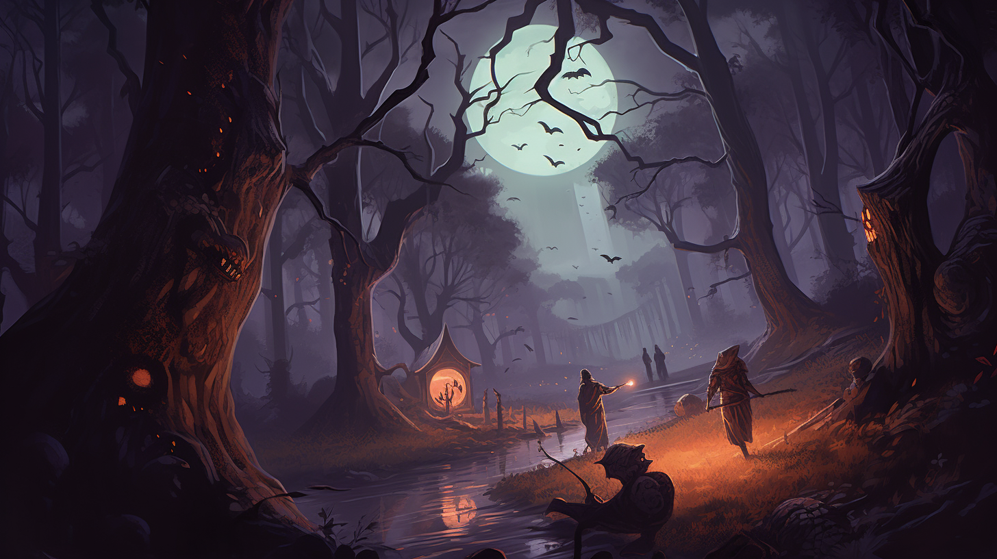 Spooky forest with jack-o'-lanterns, adventurers near mansion under moon.