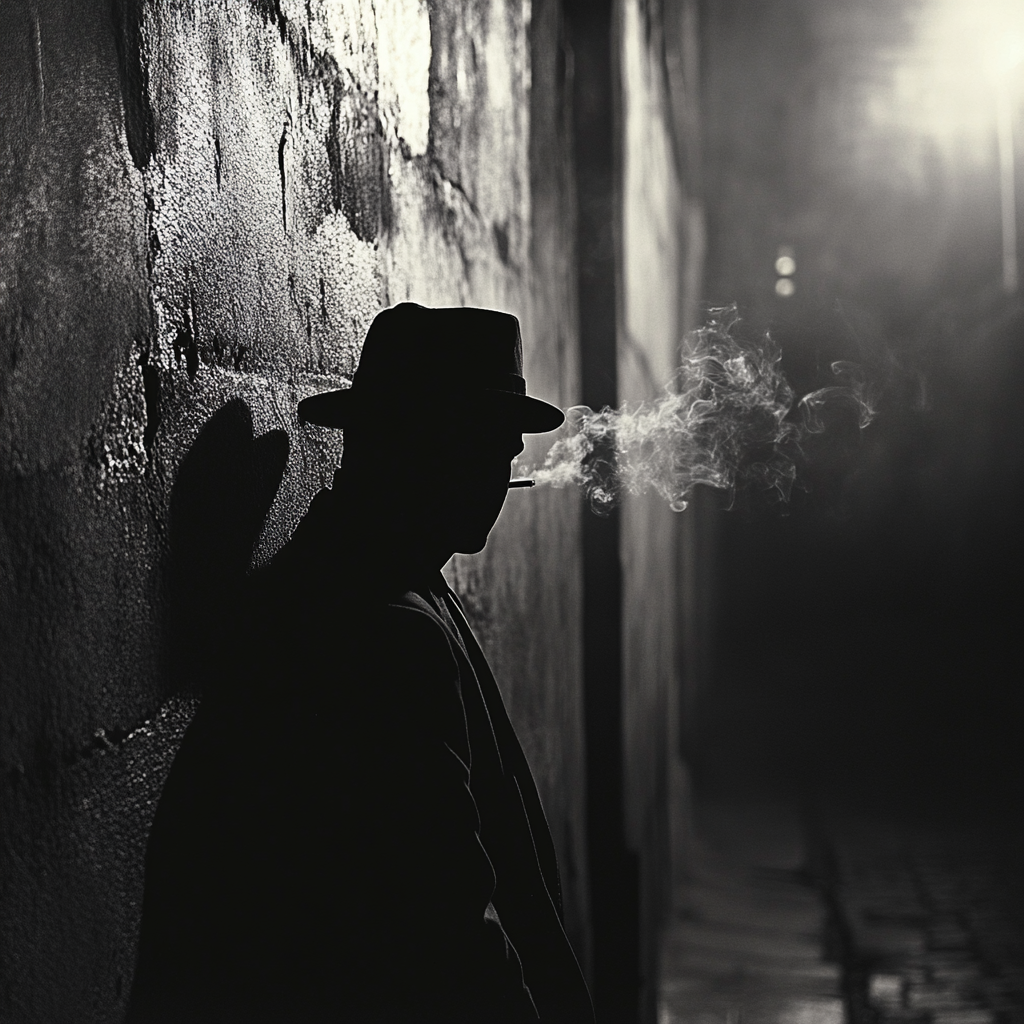 Spy in hat watches street, smoking cigarette.