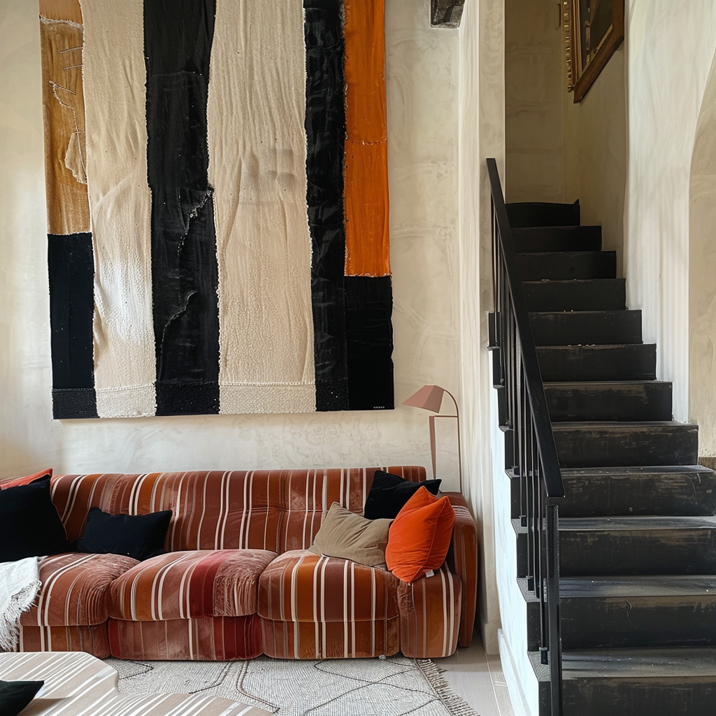 Staircase, striped couch, velvet cushions, modern vertical painting.