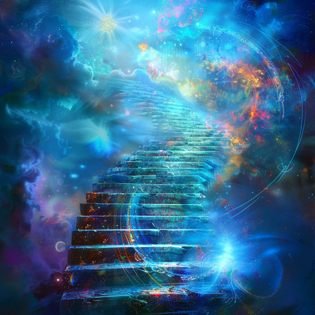 Stairs lead to heaven with radiant white energy.