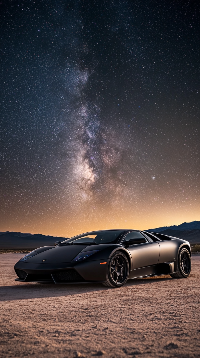 Starry night sky over matte black Lamborghini Murcielago.