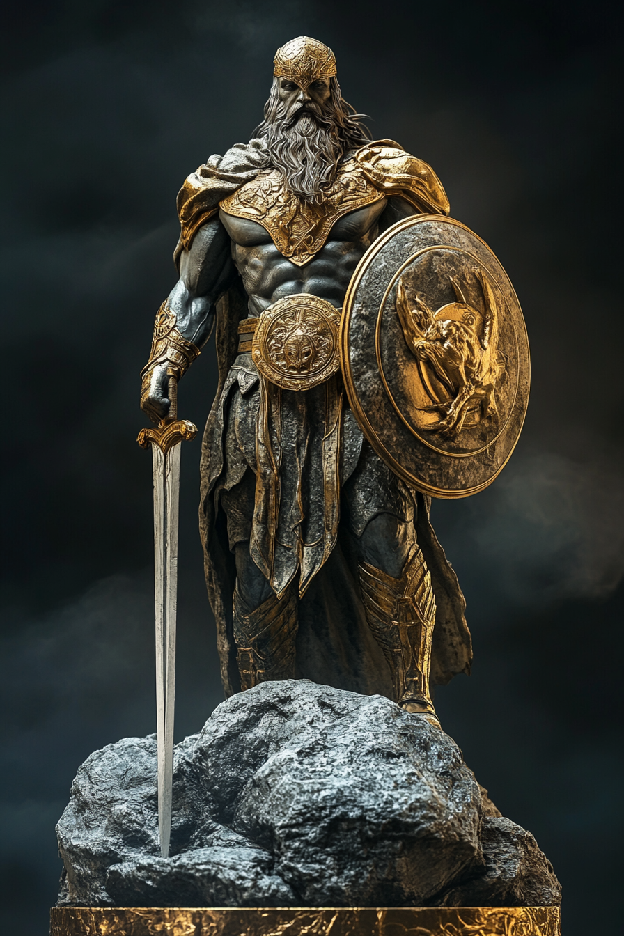 Statue of god with sword and shield in 3D.