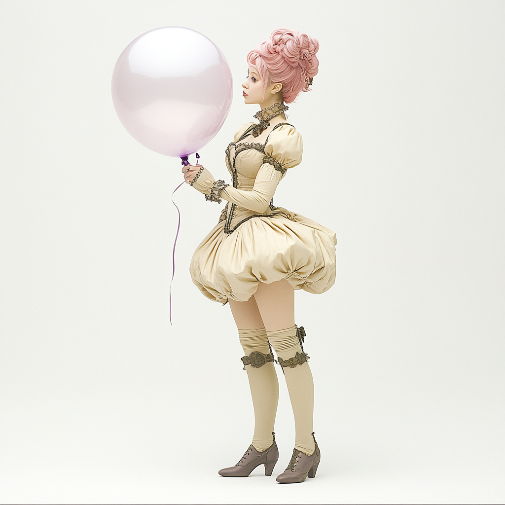 Steampunk Lady Inflating Big Purple Balloon with Cinematic Lighting