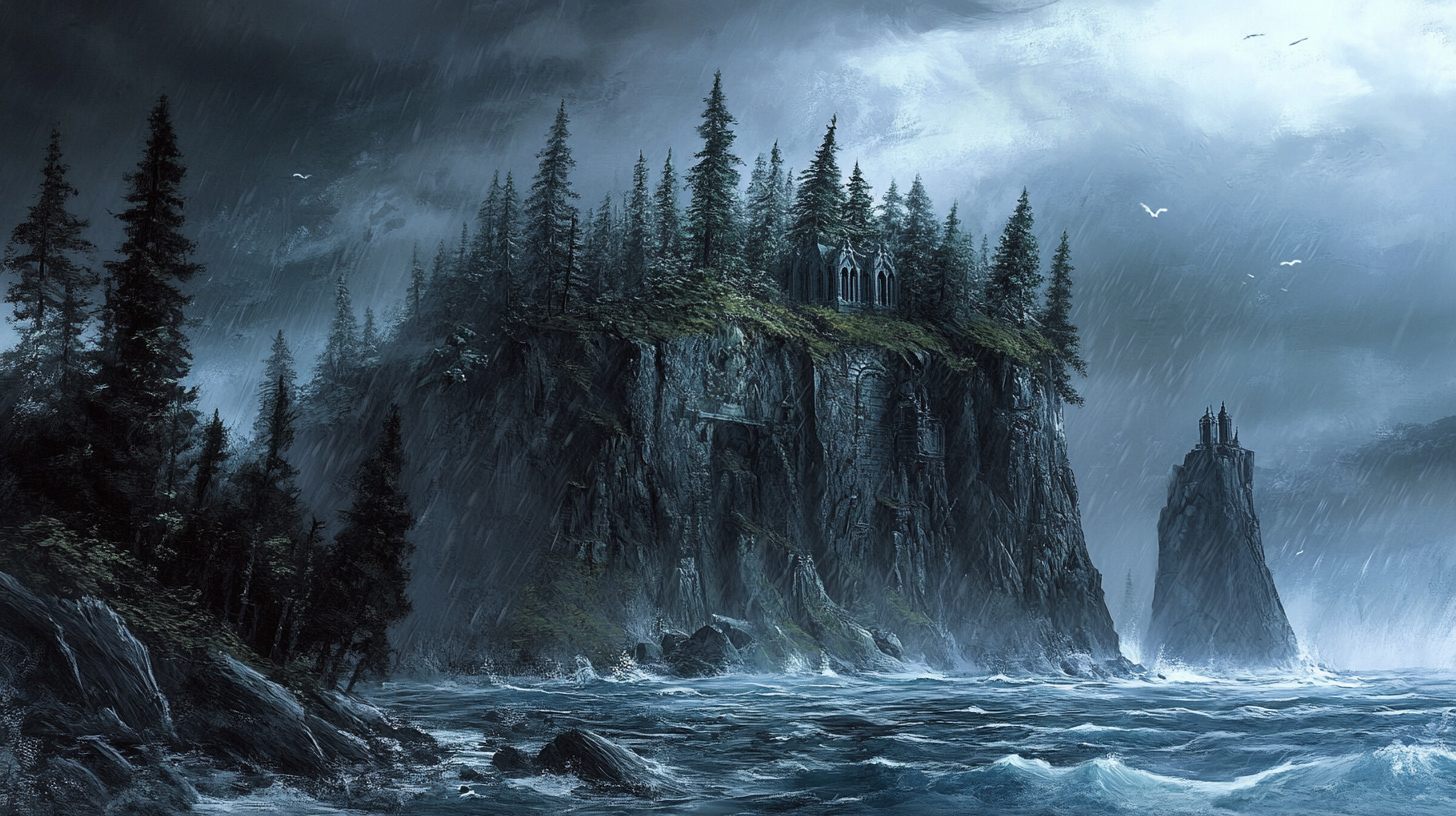 Stormy island with pine forests, mausoleums on icy cliffs.