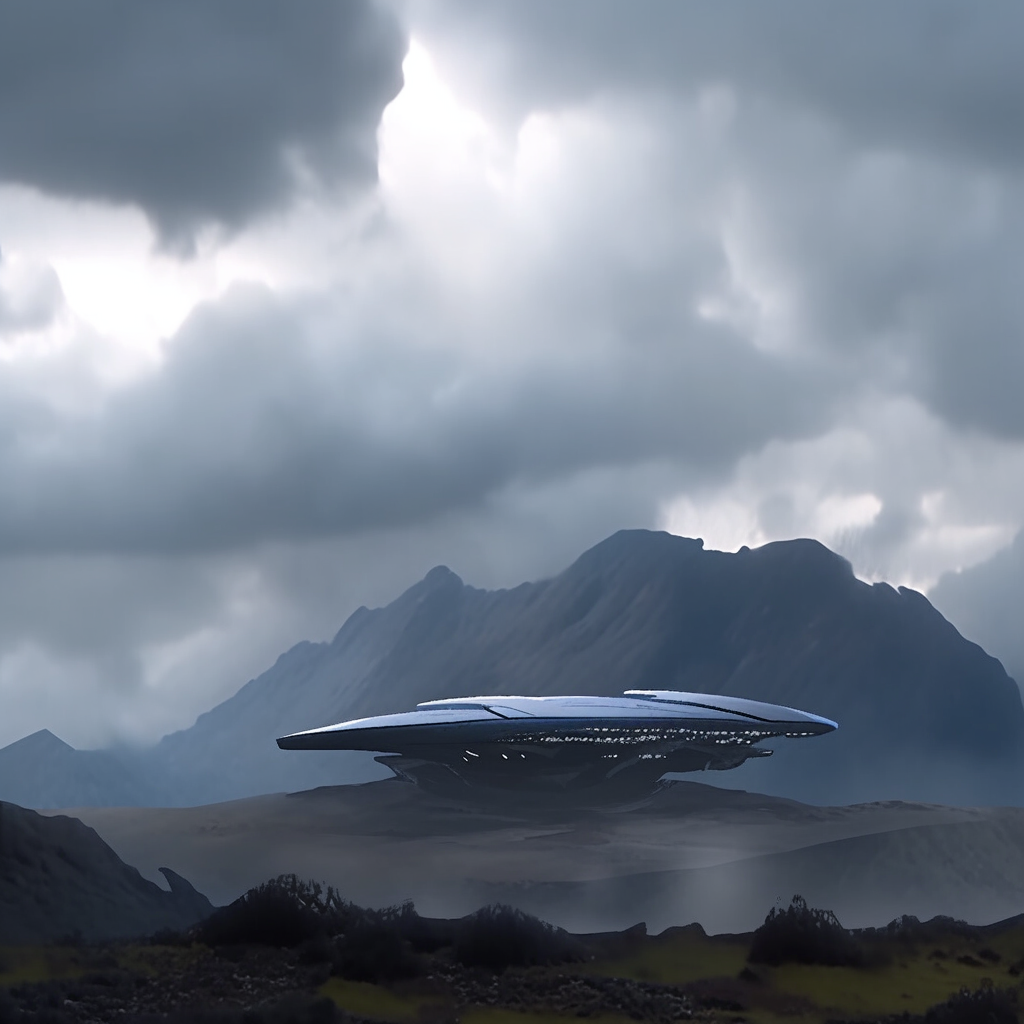 Stormy mountain range with realistic spaceship in distance.