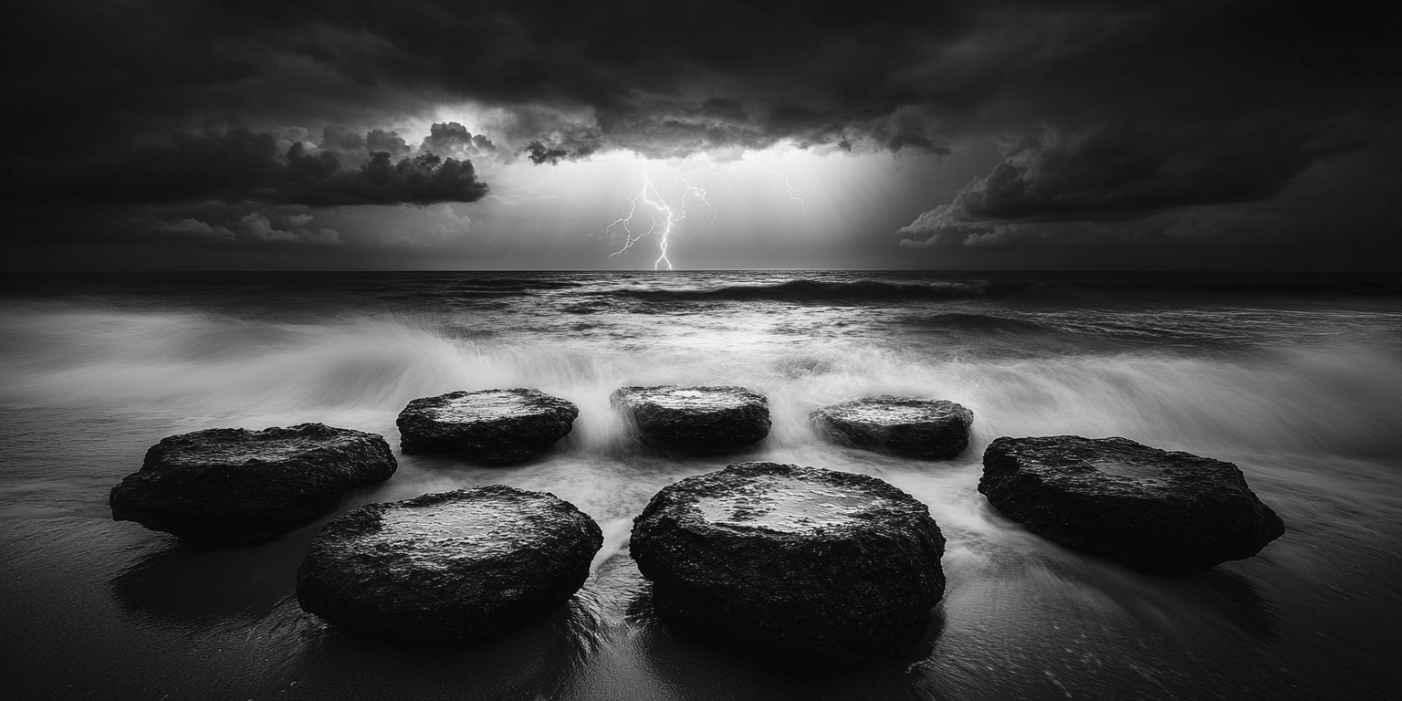 Stormy shoreline with rocks, waves, lightning and reflective pools.