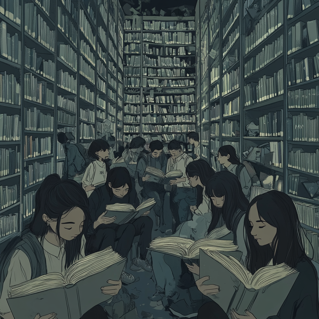 Students surrounded by towering bookshelves, holding grey books.