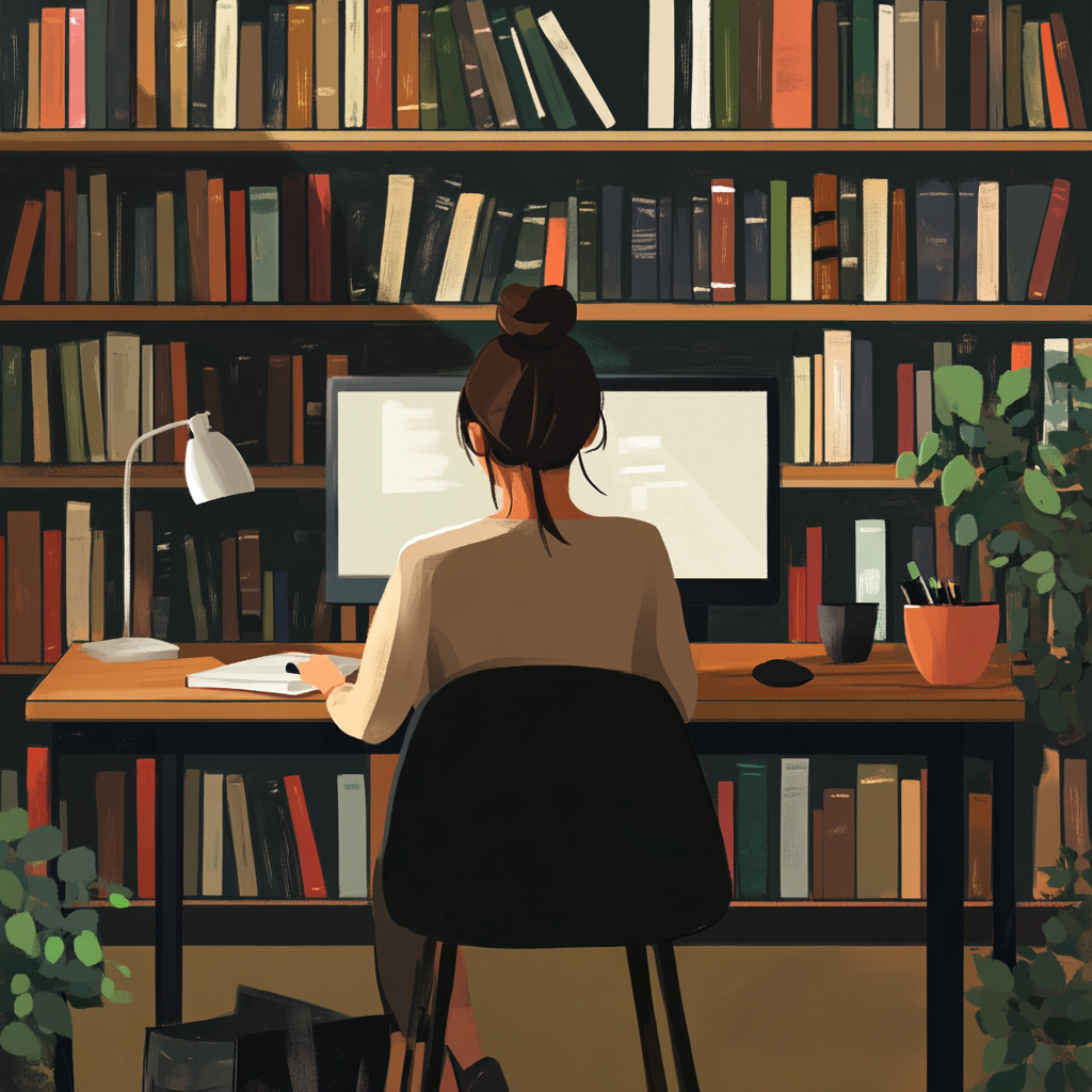 Study psychology with books, computer, desk, and woman.