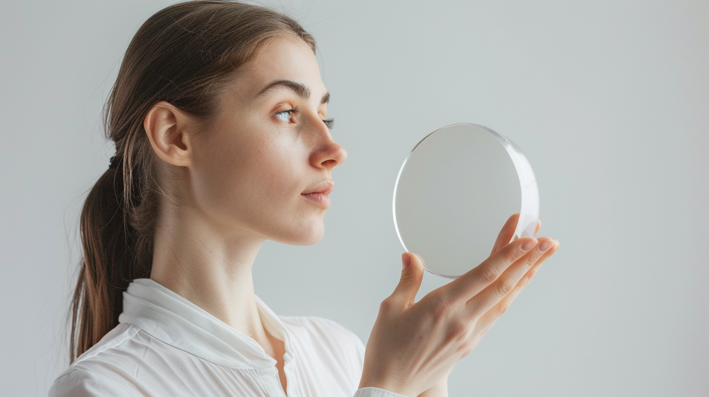 Stylish Woman Holding 23cm Halfcircular Device, Epic Mood 