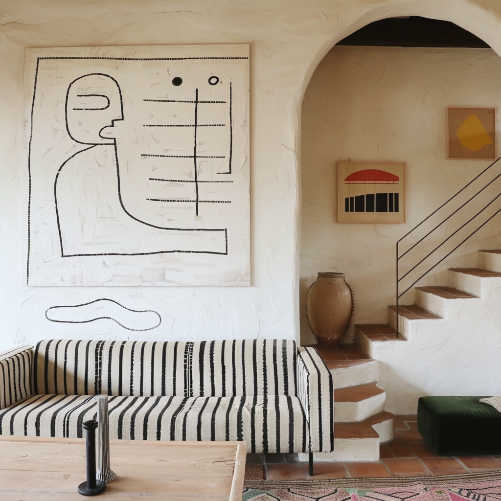 Stylish interior, vintage house, striped couch, modern art.