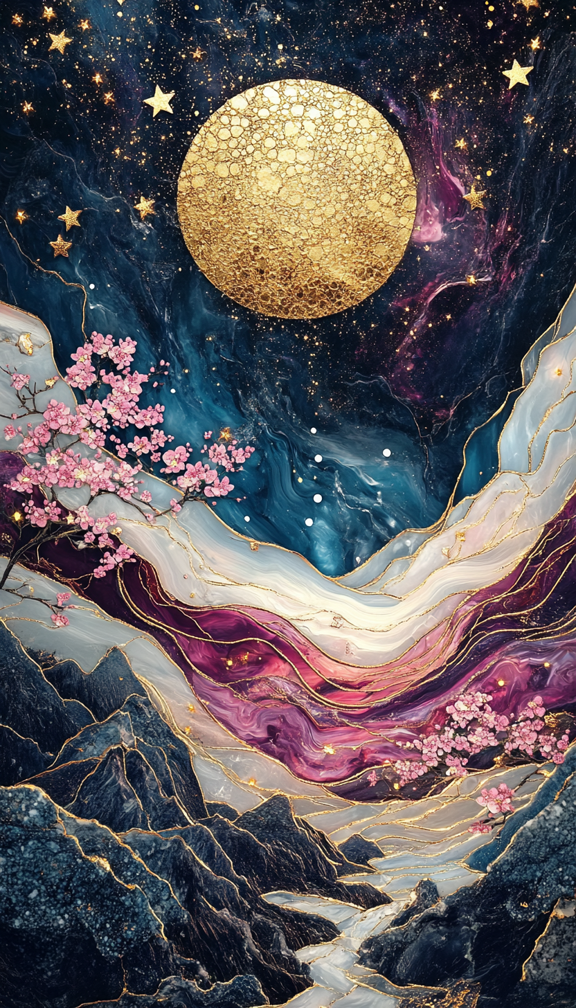 Sun, moon, stars, opal stained glass, cherry blossoms.