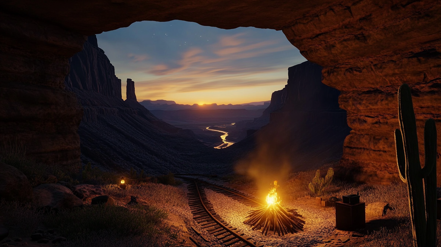 Sunrise over desert canyon with campfire and mining cavern.