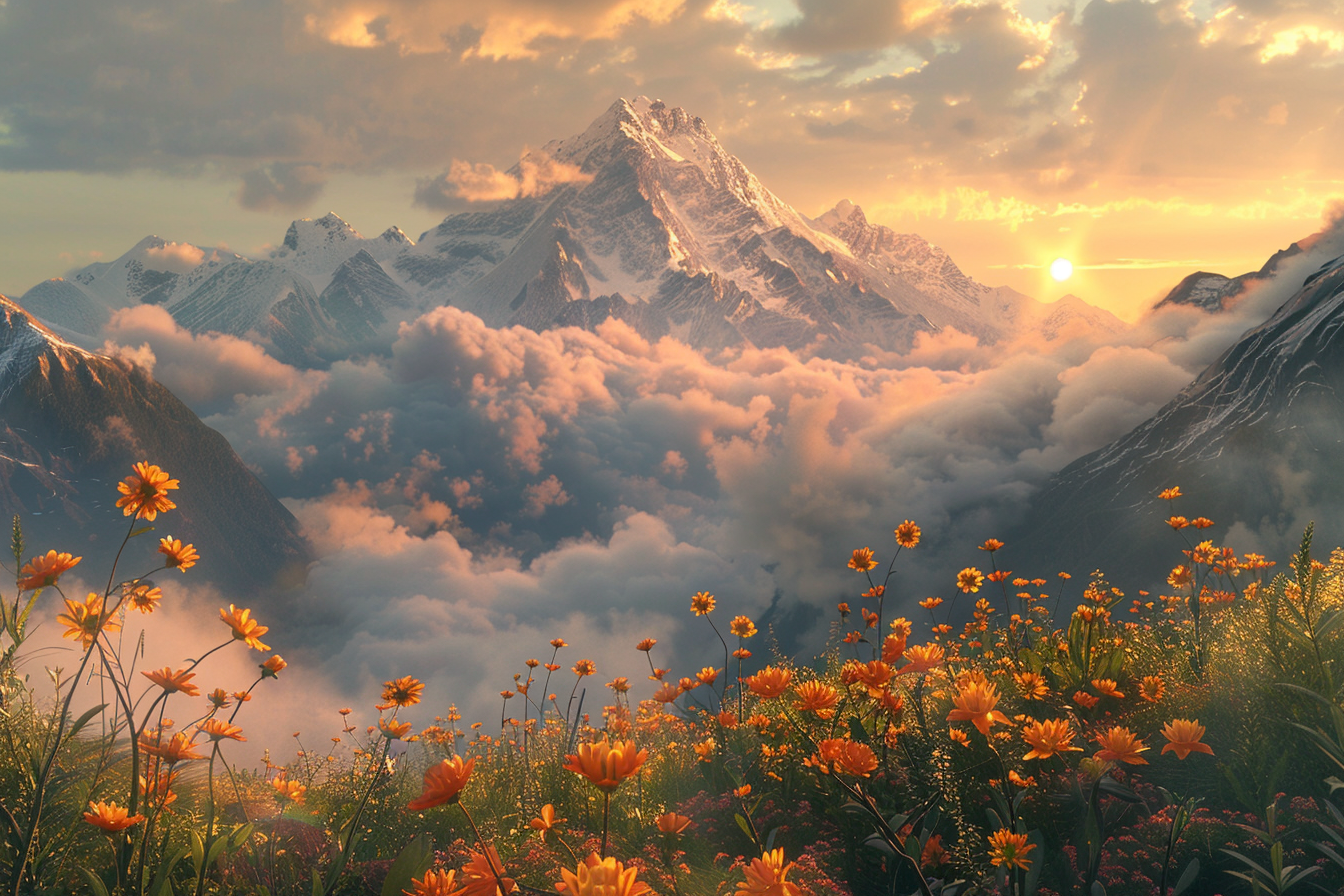 Sunrise over misty mountains, wildflowers, snow-capped peaks, 8K.