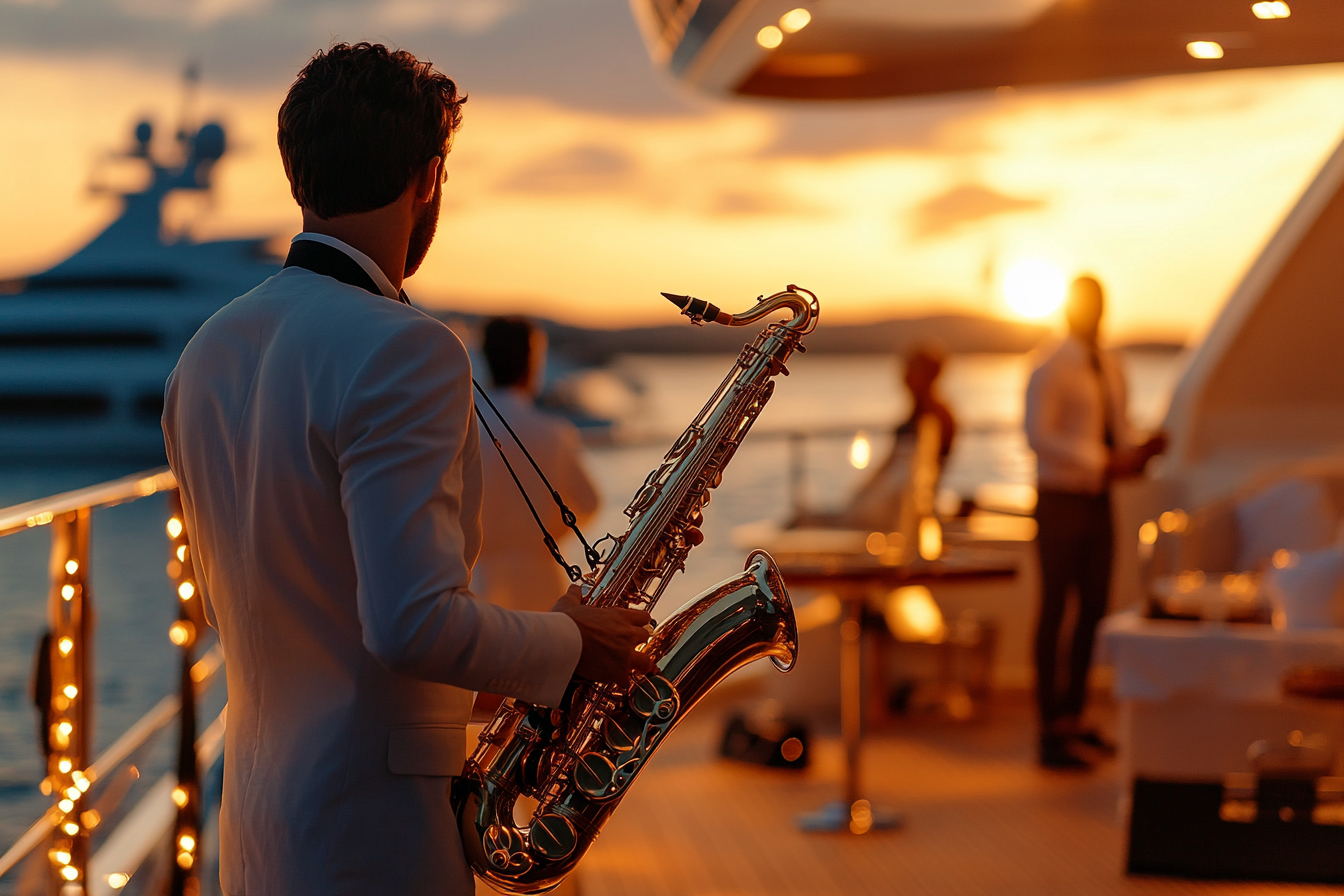 Sunset glowing on horizon at live jazz performance.