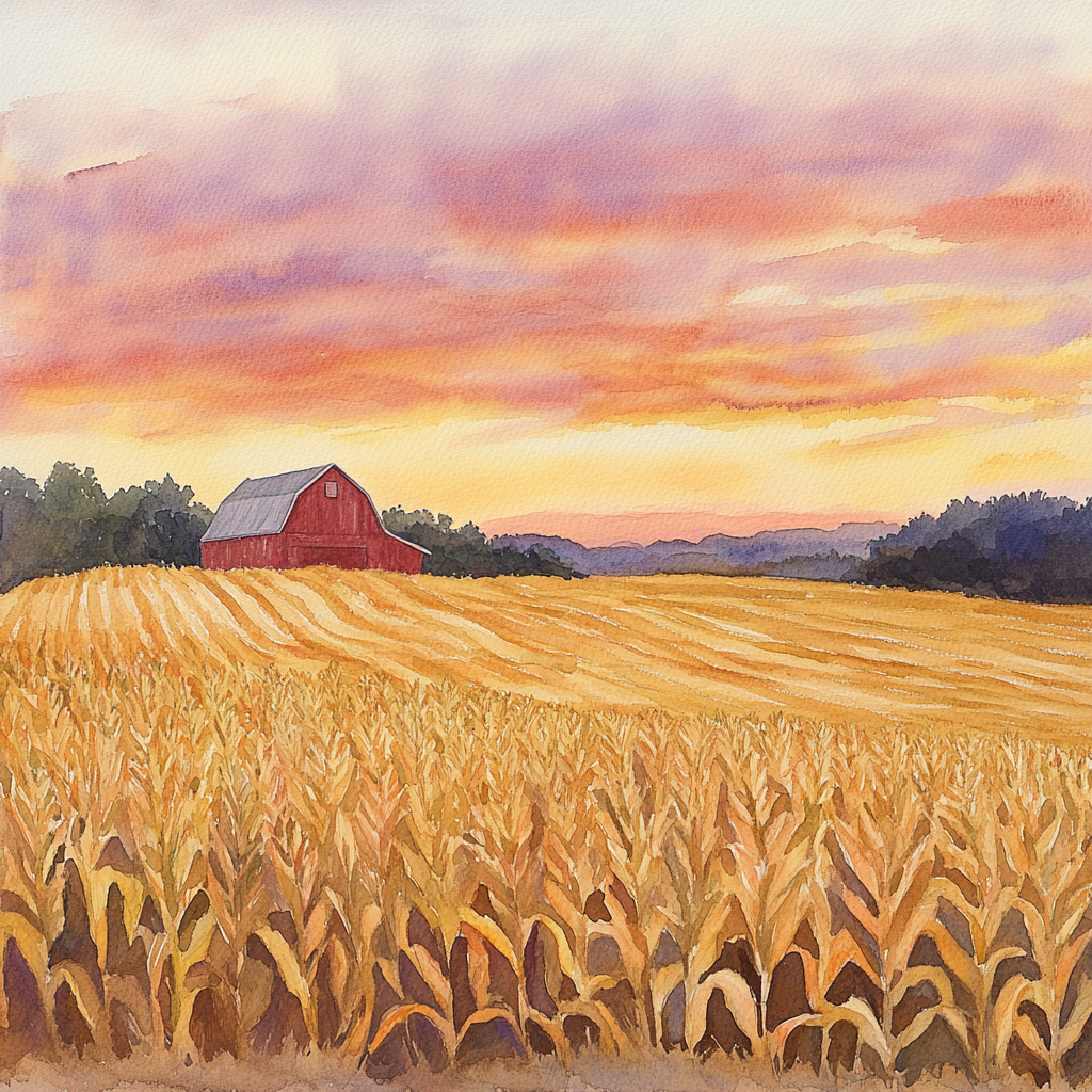 Sunset over golden cornfields, red barn in distance.