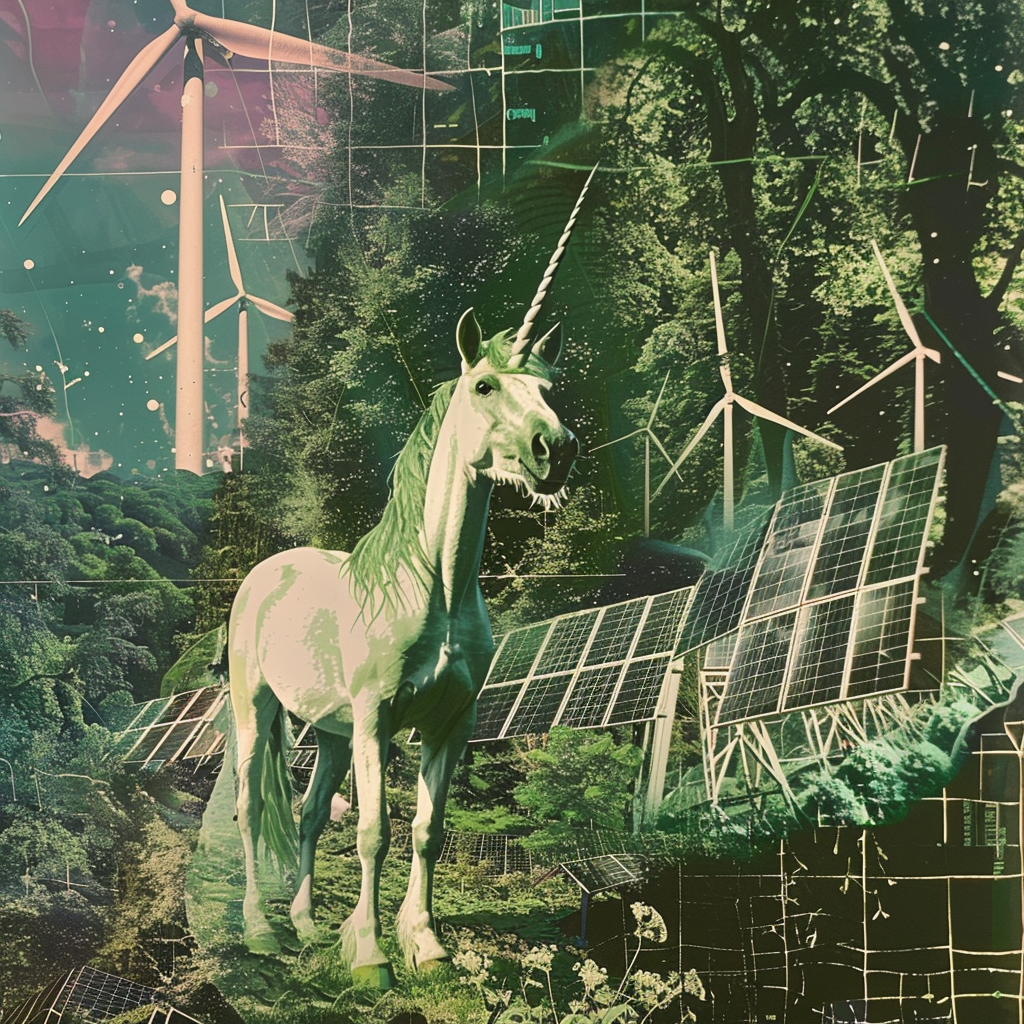 Surreal collage with magical unicorn, solar panels, wind turbines.