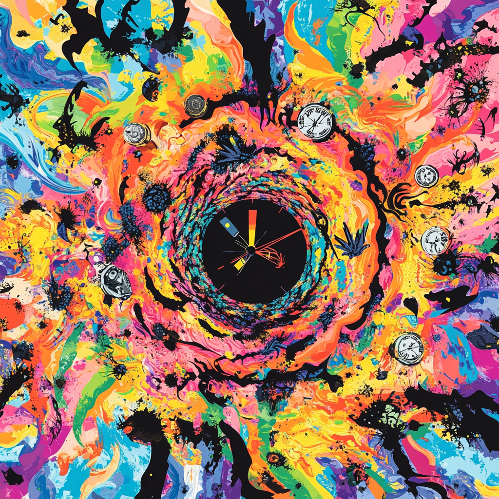 Swirling vortex of colorful chaos and existential symbols.