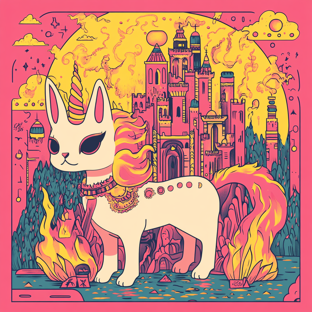 T-shirt design with unicorn cat, light pink, fire.